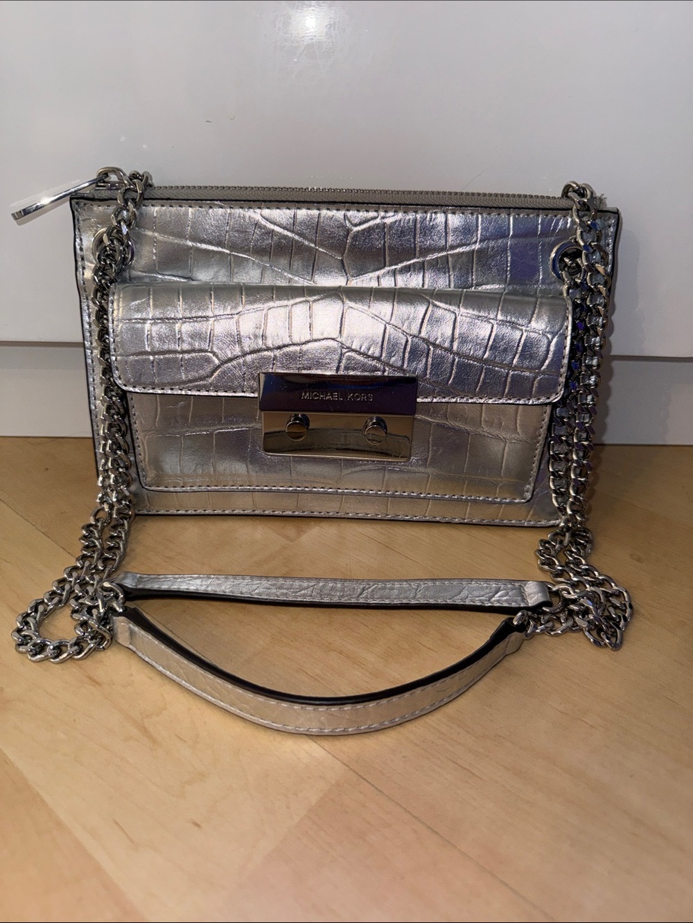 Michael Kors Sloan Editor Metallic Silver Croc-Embossed Chain Shoulder/Crossbody